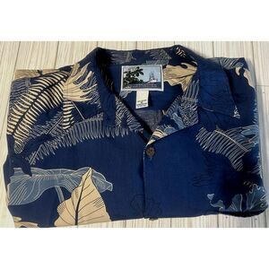 AFTCO Bluewater Floral Leaf Print Hawaiian Shirt Blue All Over Print Men's XL‎